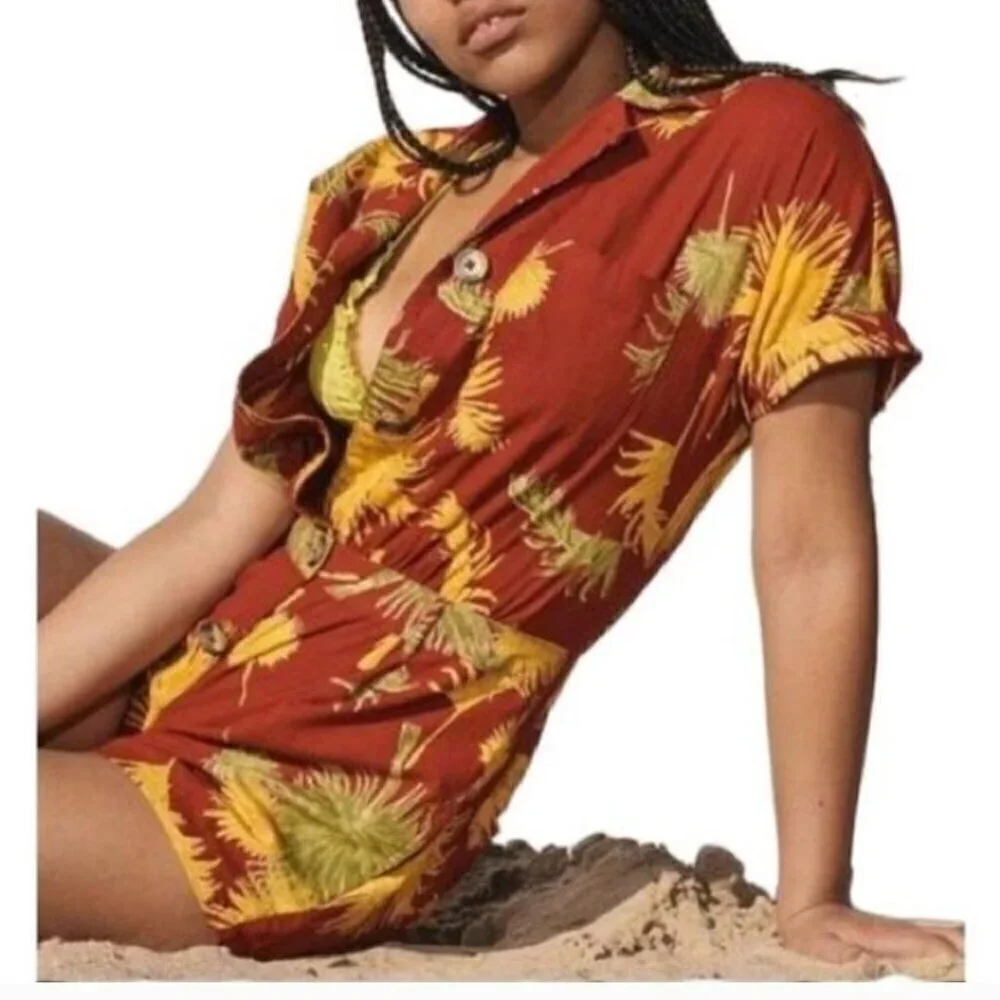 Free People Malibu Romper Red Tropical Print Size M